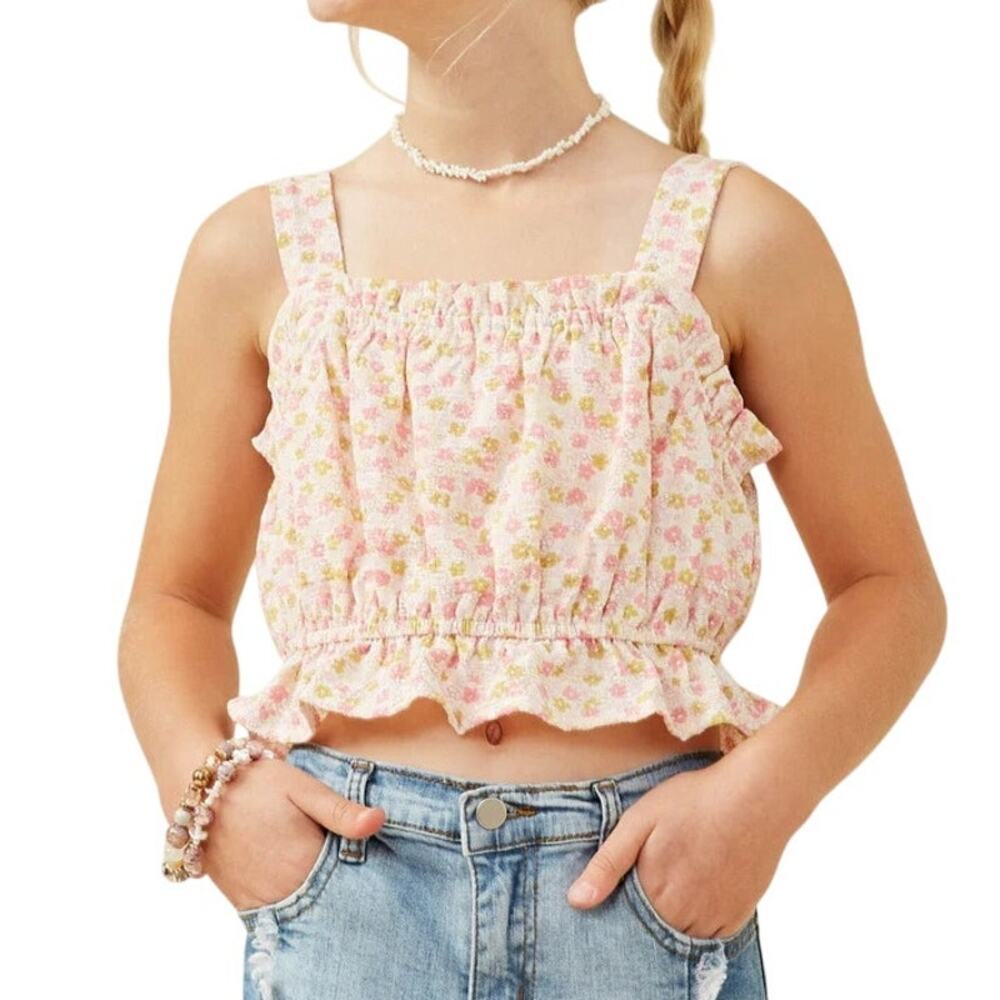 Hayden Crop Balloon Tank Top Girl L Pink Textured Ditsy Floral Cottage Tween NEW